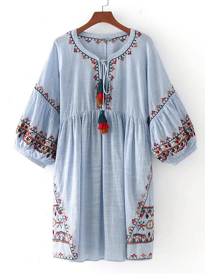 Romwe Tasseled Tie Lantern Sleeve Embroidered Smock Dress