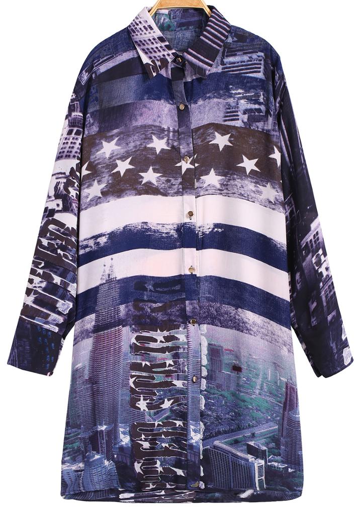 Romwe Stars City Print Blue Blouse