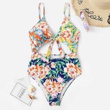 Romwe Random Floral Cut-out One Piece Swimwear