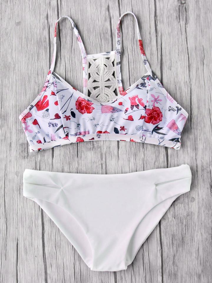 Romwe Calico Print Crochet Back Mix & Match Bikini Set