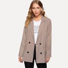 Romwe Pocket Patched Double Breasted Plaid Blazer
