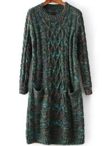 Romwe Long Sleeve Pockets Dark Green Sweater Dress