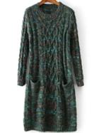 Romwe Long Sleeve Pockets Dark Green Sweater Dress