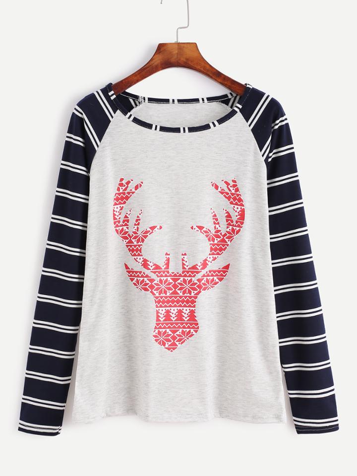 Romwe Contrast Geometric Antler Print Striped Raglan Sleeve T-shirt
