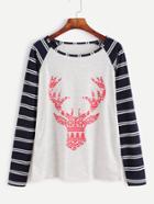 Romwe Contrast Geometric Antler Print Striped Raglan Sleeve T-shirt