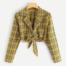 Romwe Knot Hem Plaid Blouse