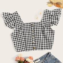 Romwe Crop Ruffle Cuff Buttoned Shirred Back Gingham Top