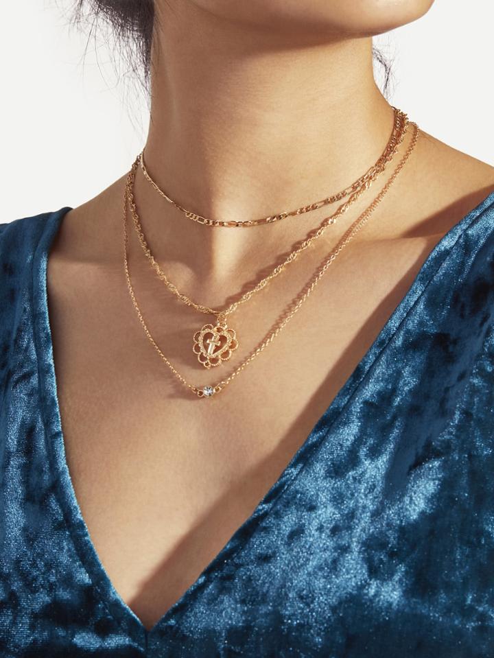 Romwe Cross & Hollow Heart Pendant Layered Necklace