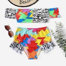Romwe Random Geometric Bardot Top With High Waist Bikini