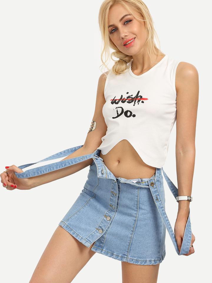 Romwe Letter Print Asymmetric Crop Tank Top - White