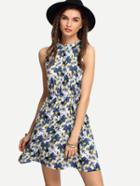 Romwe Halter Neck Blue Flower Print Dress