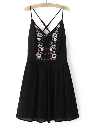 Romwe Black Spaghetti Strap Embroidery Criss Cross Dress