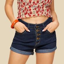 Romwe Roll Up Hem Button Front Denim Shorts