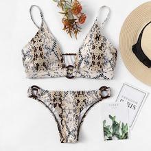 Romwe Snake Print Plunge Ring Detail Bikini Set