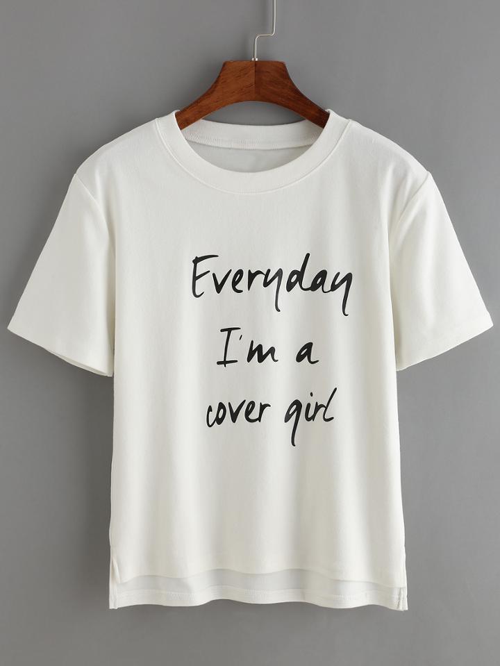 Romwe Dip Hem Letters Print Split White T-shirt