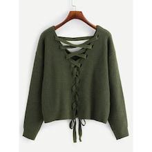 Romwe Plus Lace Up Drop Shoulder Sweater