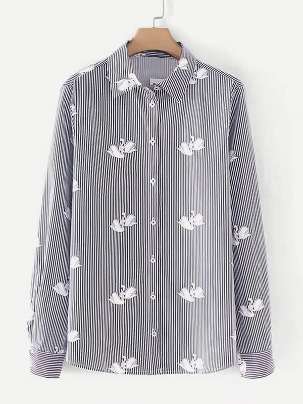 Romwe Swan Print Vertical Striped Blouse