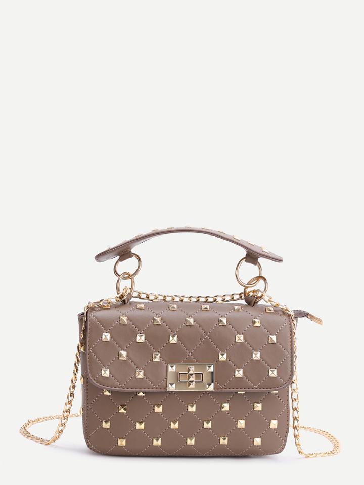 Romwe Khaki Studded Pu Chain Bag With Handle