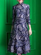 Romwe Navy Jacquard A-line Midi Dress