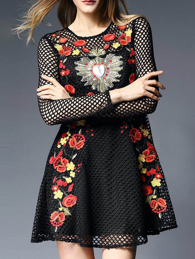Romwe Black Embroidered Hollow A-line Dress