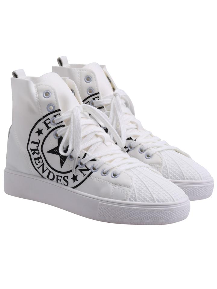 Romwe White Thick-soled Letters Print Flats