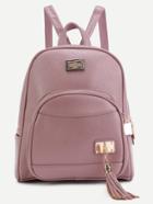 Romwe Pink Pu Metallic Embellished Front Pocket Tassel Backpack