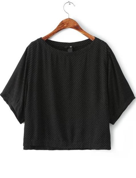 Romwe Black Short Sleeve Polka Dot Crop Blouse
