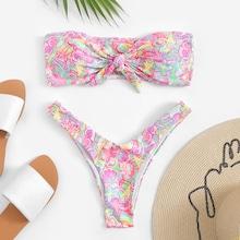 Romwe Knot Front High Leg Random Pattern Bikini Set