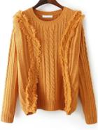 Romwe Cable Knit Fringe Orange Sweater