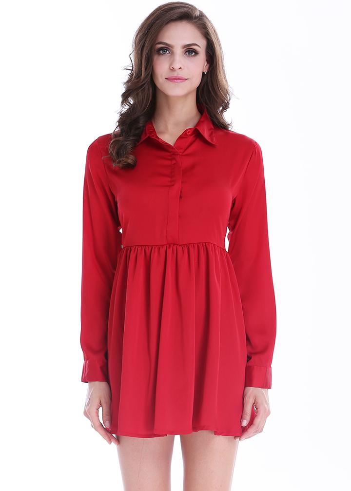 Romwe Lapel Button Pleated Dress