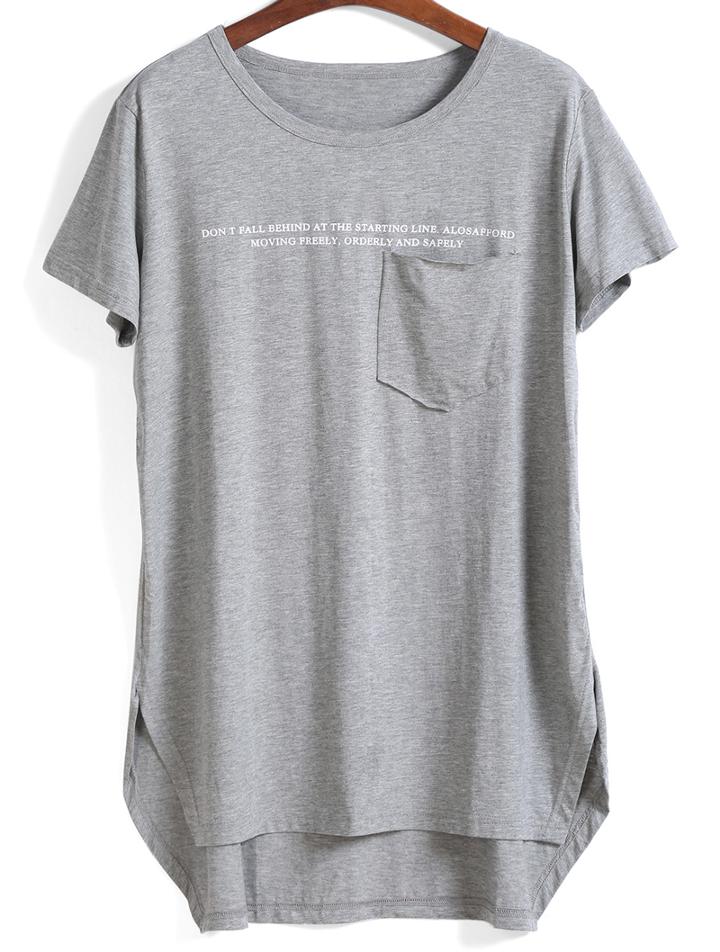 Romwe Dip Hem With Pocket Letter Print T-shirt