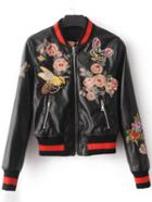 Romwe Black Flower Embroidery Pu Jacket With Zipper