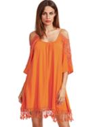 Romwe Orange Open Shoulder Crochet Lace Sleeve Tassel Dress