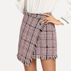 Romwe Asymmetric Wrap Frayed Tweed Skirt