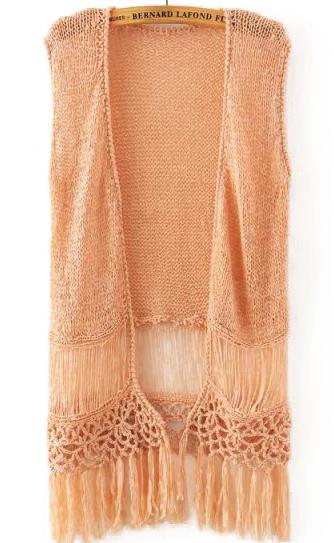 Romwe With Tassel Crochet Pink Cardigan