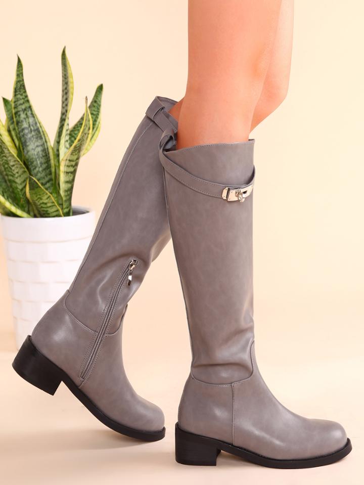 Romwe Grey Pu Buckled Strap Side Zipper Knee Boots