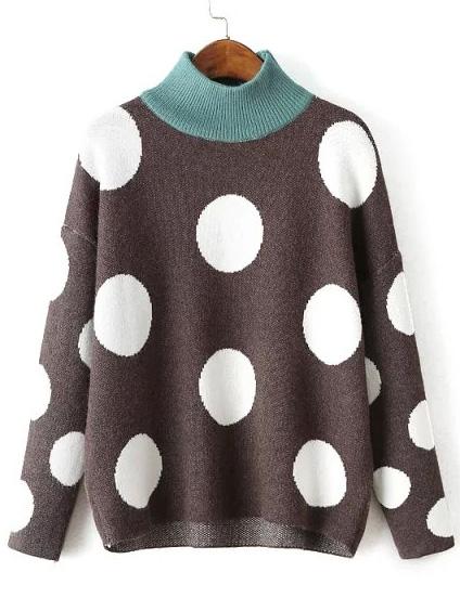 Romwe Turtleneck Polka Dot Coffee Sweater
