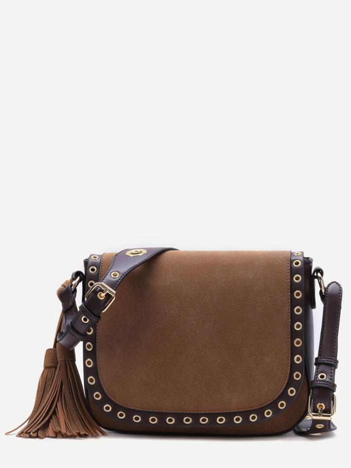 Romwe Brown Eyelet Trim Tassel Pu Messenger Bag