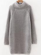 Romwe Grey Roll Neck Raglan Sleeve Split Side Long Sweater