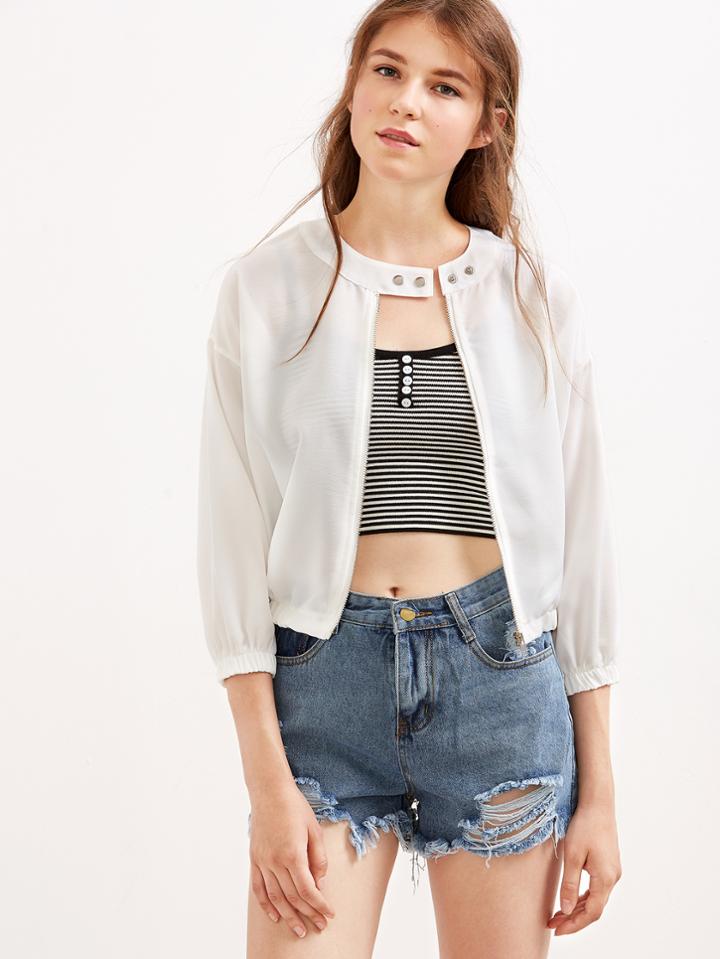 Romwe White Three Quarter Length Sleeve Zipped Jacket