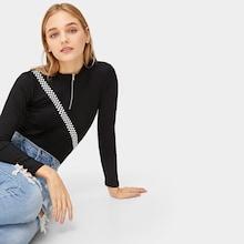 Romwe Checkered Tape Panel Quarter Zip Tee