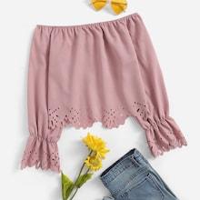 Romwe Off Shoulder Flounce Sleeve Laser Cut Blouse