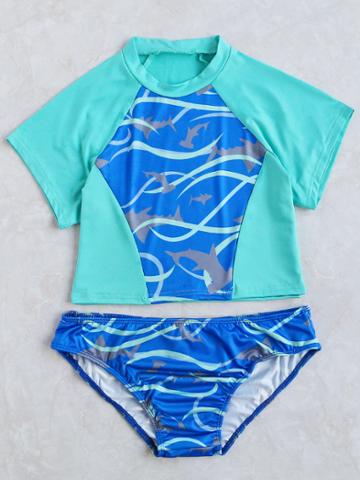 Romwe Blue Printed Short Sleeve Two-piece Swimwear