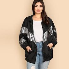 Romwe Plus Metallic Panel Zip Up Jacket