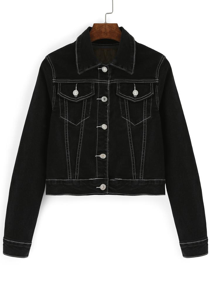 Romwe Lapel Single Breasted Pockets Denim Crop Coat