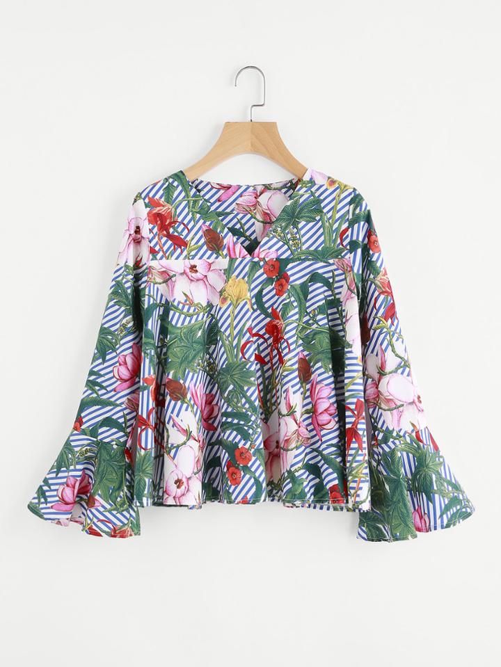 Romwe V-neckline Florals Print Bell Sleeve Blouse