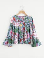 Romwe V-neckline Florals Print Bell Sleeve Blouse
