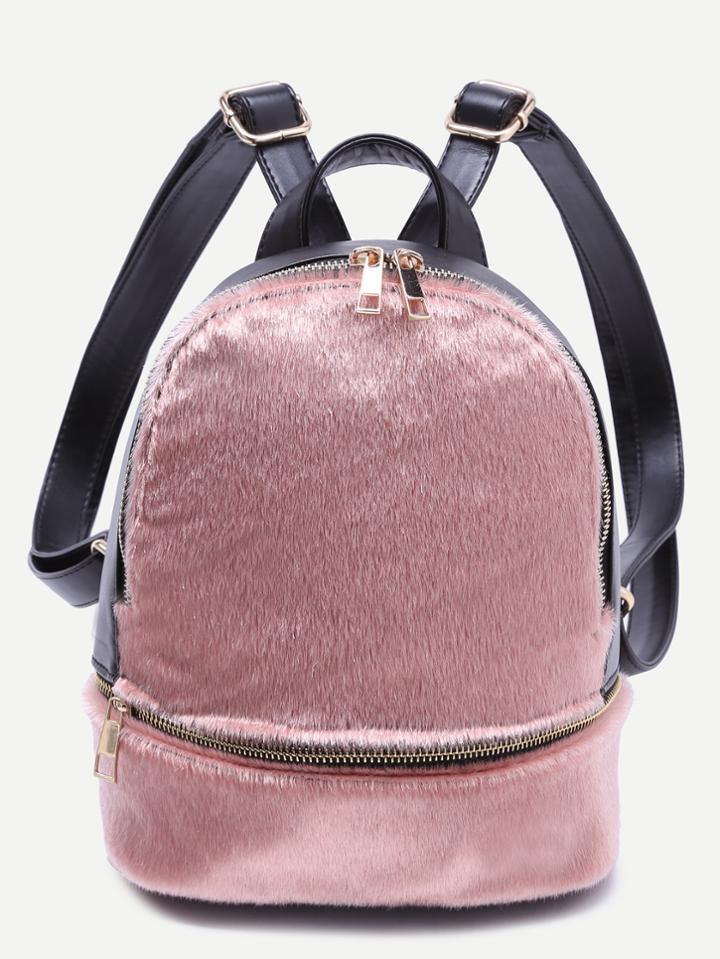 Romwe Pink Faux Fur Covered Zip Front Backpack
