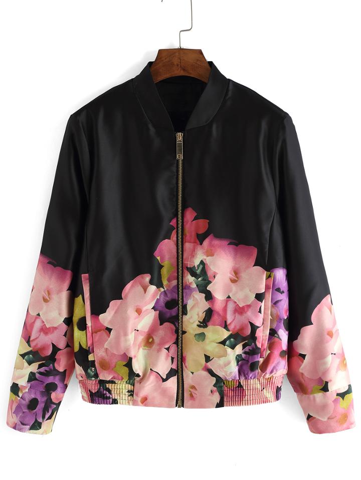 Romwe Stand Collar Floral Crop Jacket
