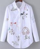 Romwe Embroidered Lapel Loose White Blouse